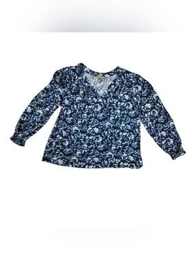 Style & Co. Floral Print Long Sleeve Blouse – Navy Blue & White